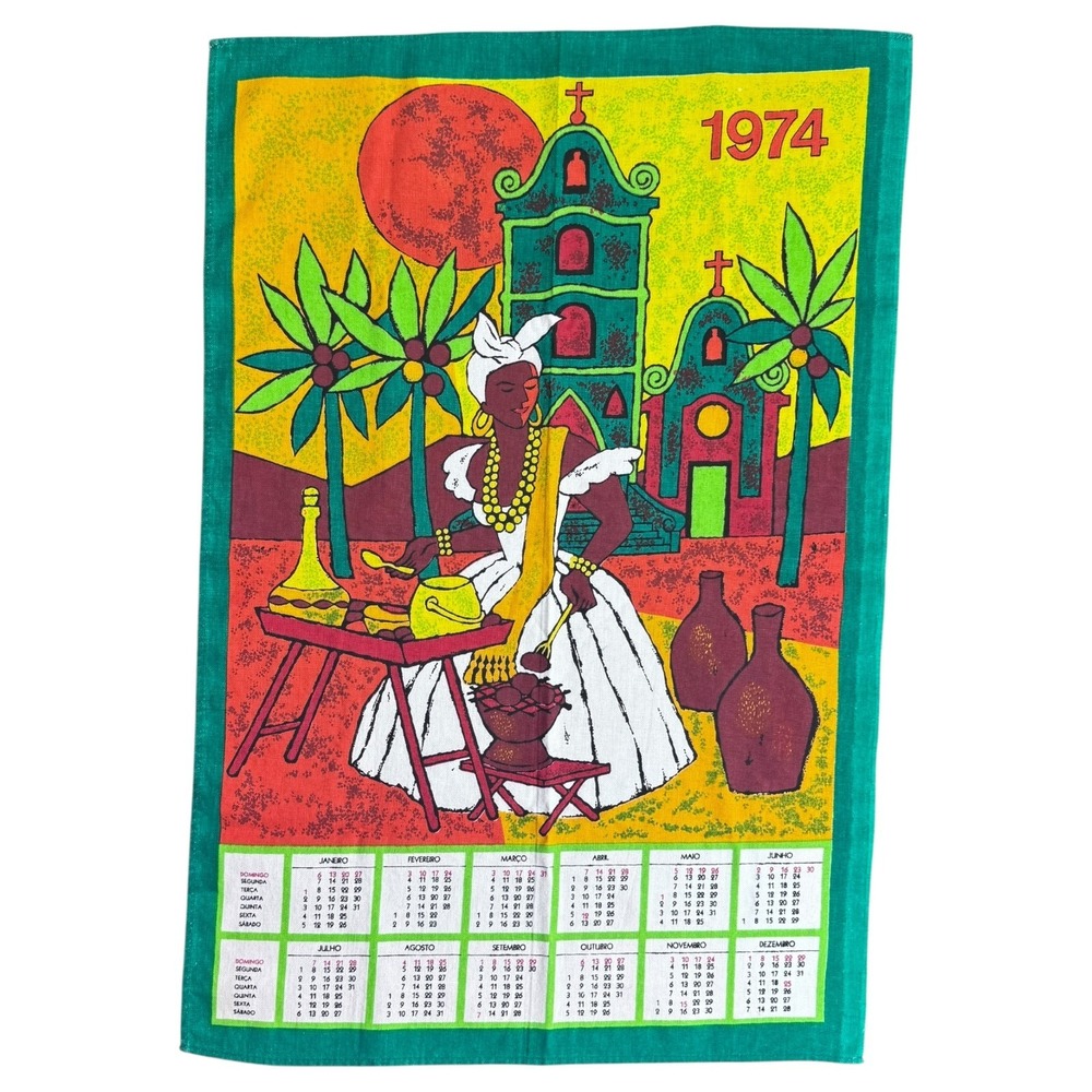 Vintage 1974 Linen Calendar Tea Towel Wall Art Baiana Brazil Latin America